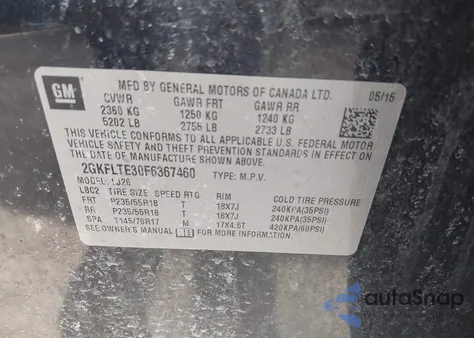 2015 GMC Terrain Slt-2 z USA, uszkodzony, nr VIN 2GKFLTE30F6367460